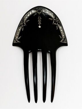 ANTIQUE BLACK BAKELITE HAIR COMB ACCESSORY 5” Rhinestone Engraved Hair Pin 1920s